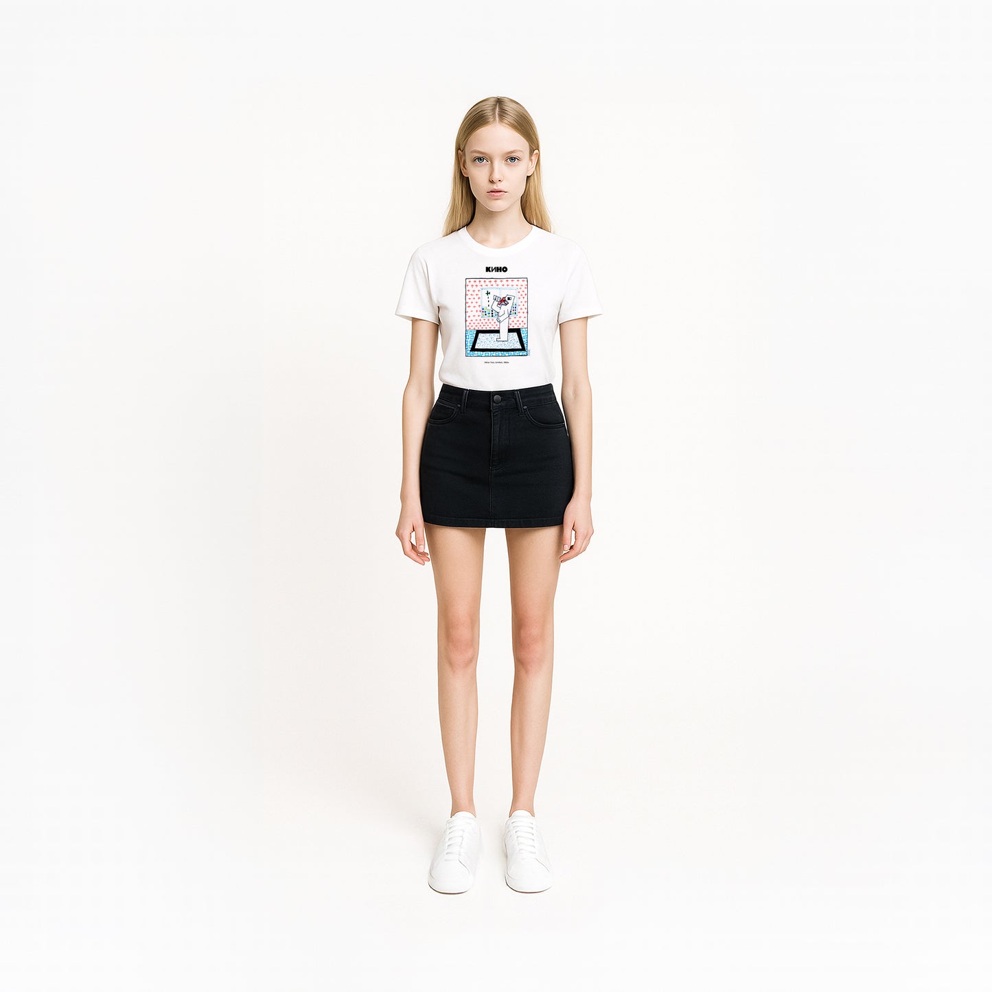 Model girl wearing rare 1980s Viktor Tsoi painting featuring a figure eating another, printed on the front of a heavyweight unisex t-shirt with a KINO logo and custom inside neck label design