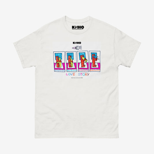 Original Viktor Tsoi 'Love Story' painting from late 1980s, printed on the front of a heavyweight quality unisex t-shirt with a KINO logo on the inside neck label