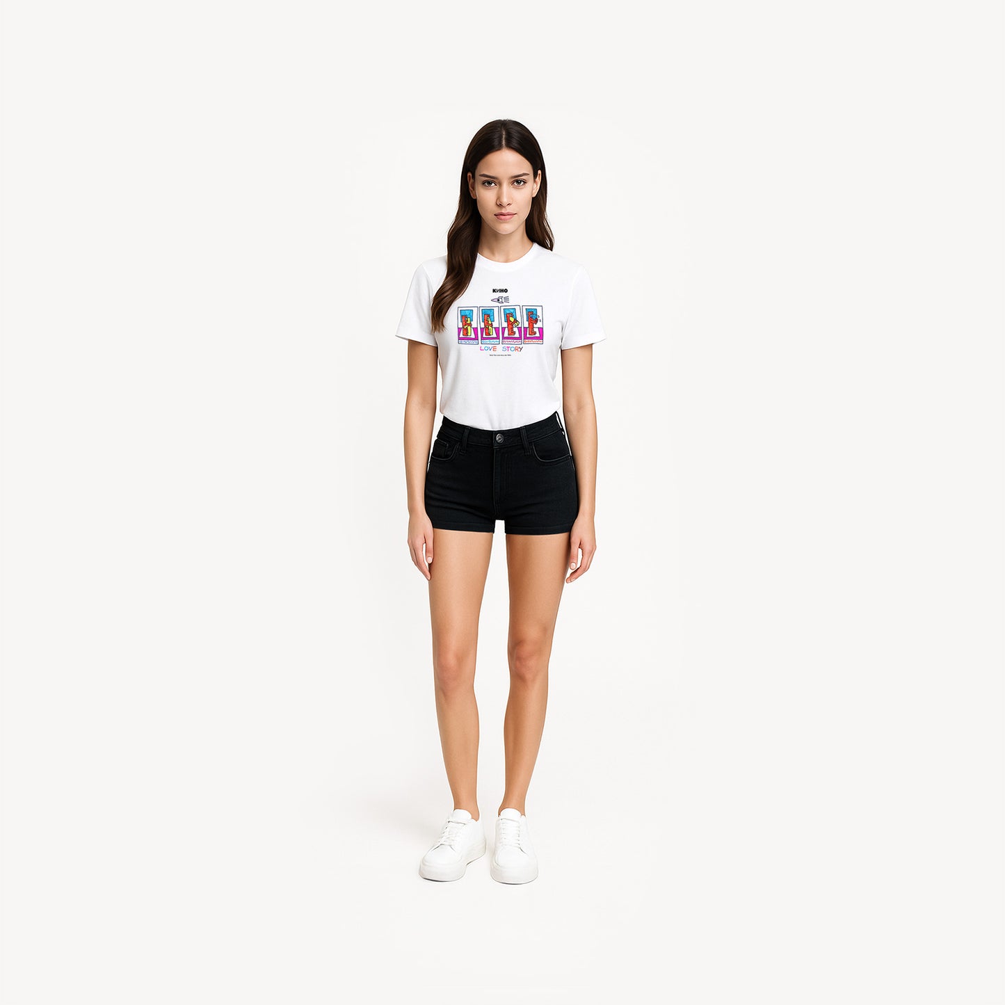 Model girl wearing original Viktor Tsoi 'Love Story' painting from late 1980s, printed on the front of a heavyweight quality unisex t-shirt with a KINO logo on the inside neck label