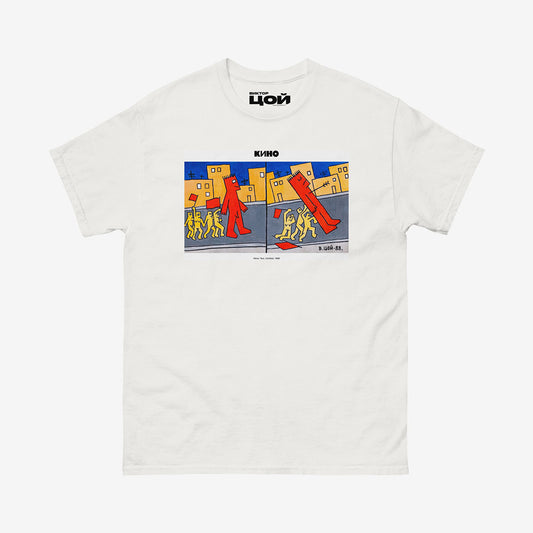 Viktor Tsoi artwork unisex t-shirt featuring rare 1988 painting ‘Arrowed Man’, limited edition Soviet rock shirt with KINO logo