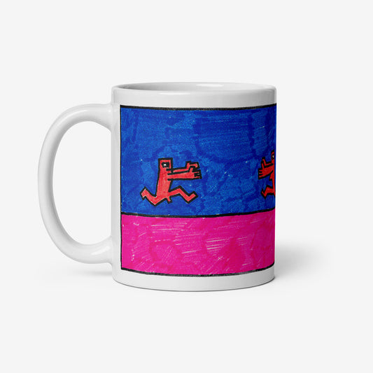 Mug with a rare 1980s Viktor Tsoi painting of two naked figures running towards each other, from GruppaKino.com.