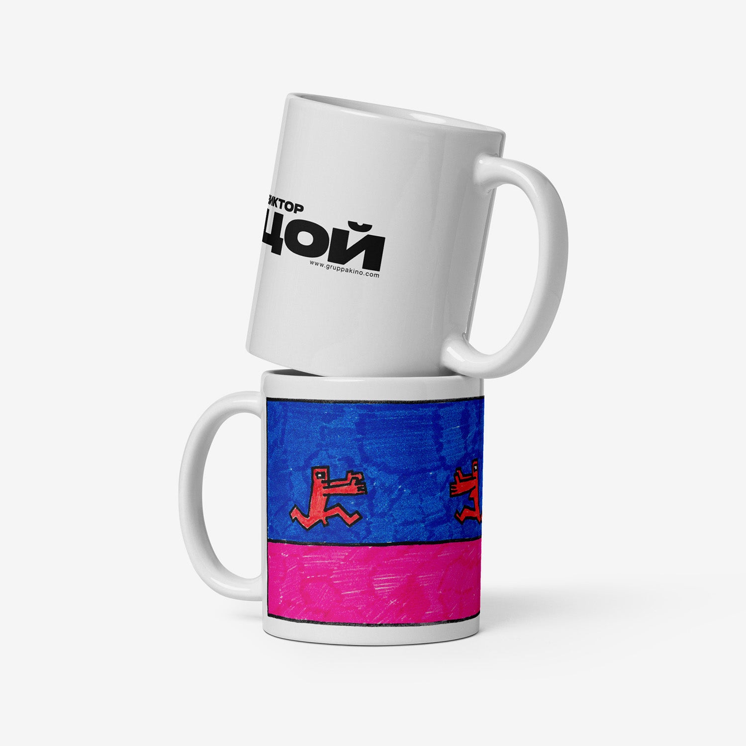 Mug with a rare 1980s Viktor Tsoi painting of two naked figures running towards each other, from GruppaKino.com.
