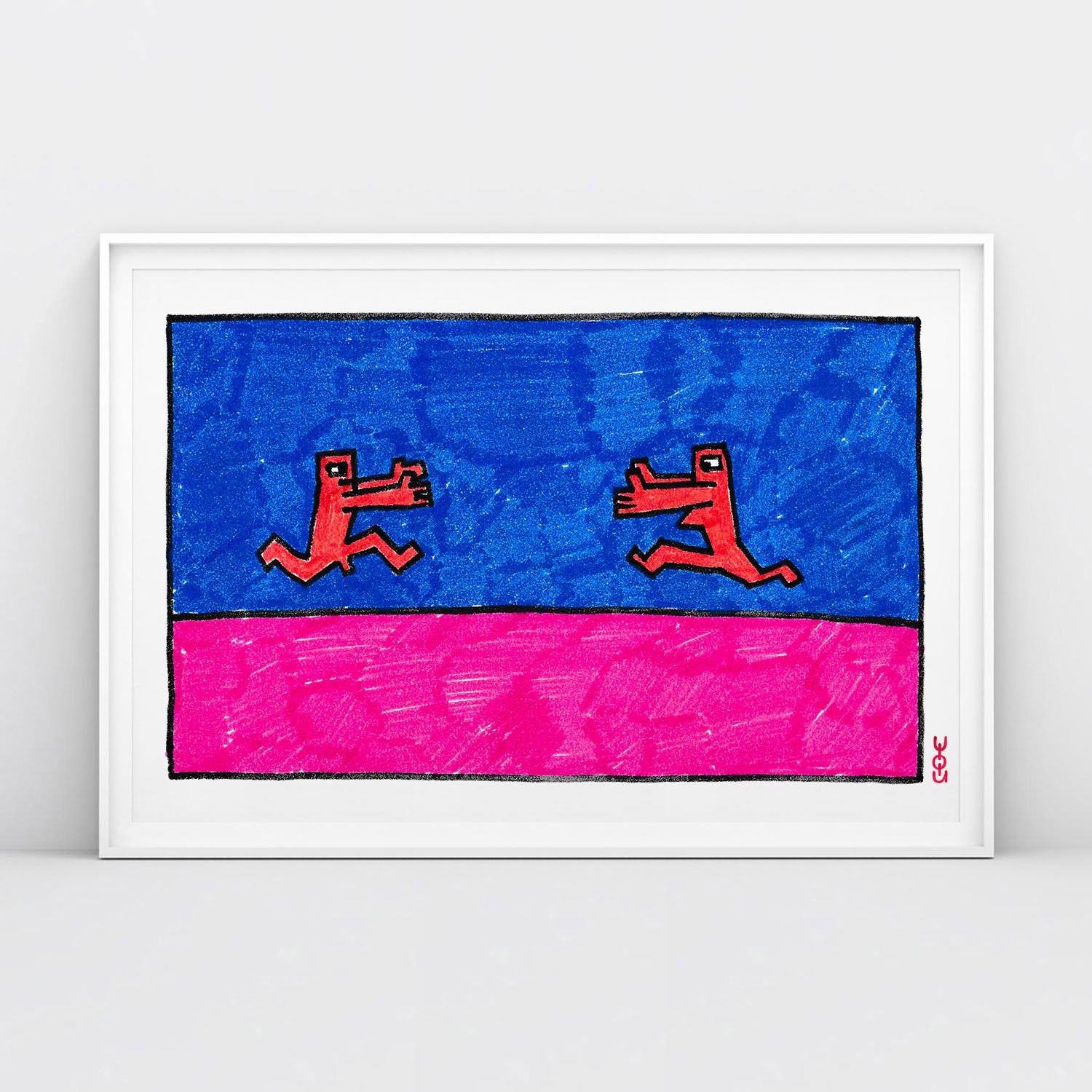 Large poster featuring a rare 1980s Viktor Tsoi painting of two naked figures running towards each other, from GruppaKino.com.