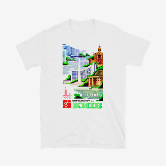 T-shirt with vintage 1980 Olympics Soviet design showing Kyiv skyline and football graphics