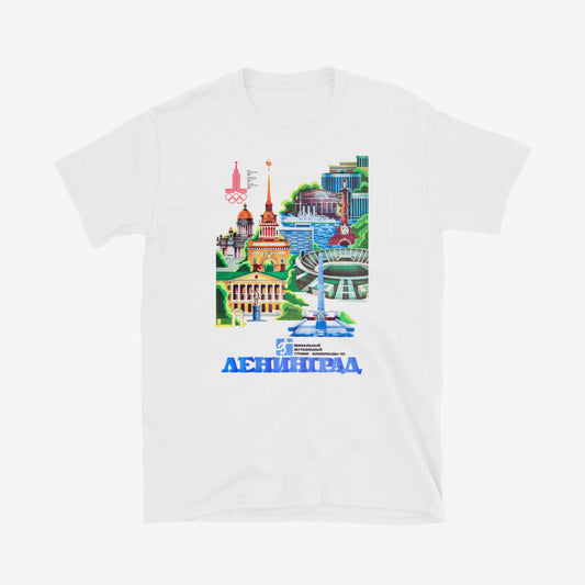 T-shirt with Soviet 1980 Olympic football artwork showing Leningrad landmarks and Neva River