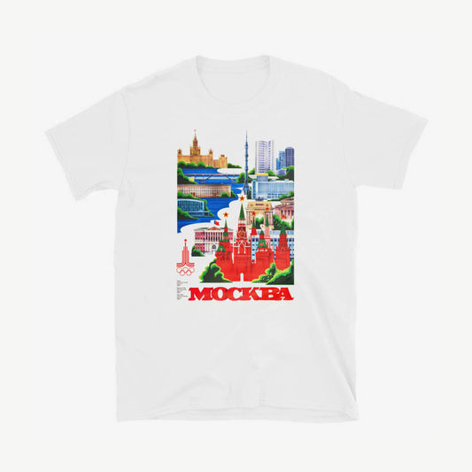 T-shirt with 1980 Olympic design featuring Kremlin, Ostankino Tower, and Moscow landmarks