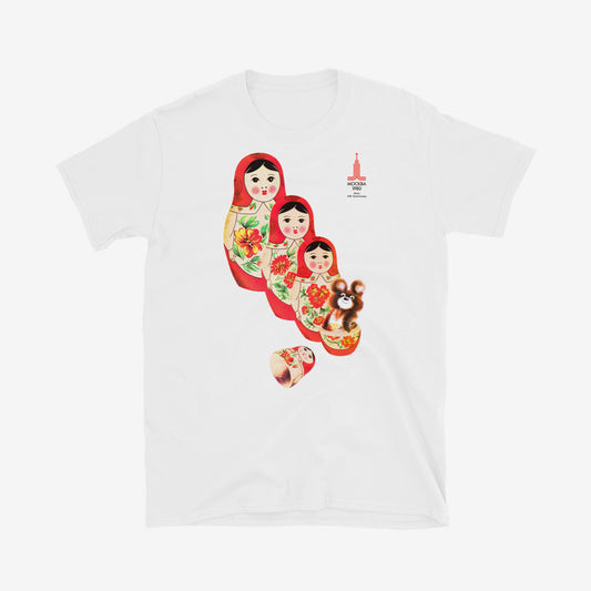 T-shirt with 1980 Soviet Olympics Misha and Matryoshka dolls