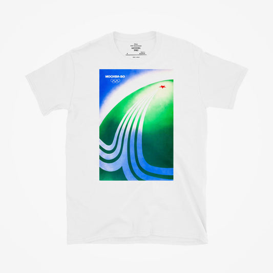 Unisex T-shirt with 1980 Olympics logo, globe and red star graphic