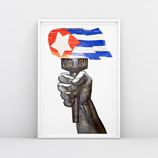 Poster with powerful Cuban design – raised fist holding torch with fire styled as Cuban flag. Red, blue, white and black