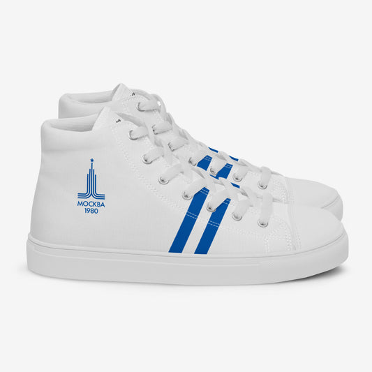 Womens Moscow 1980 Olympic Games high-top shoes with vintage navy graphics on white canvas, featuring the Olympic emblem and retro stripes.