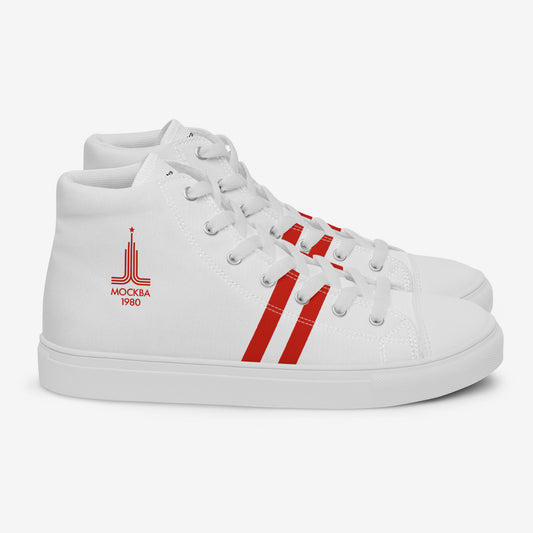 Womens Moscow 1980 Olympic Games high-top shoes with vintage navy graphics on white canvas, featuring the Olympic emblem and retro stripes.